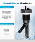 Flow Switch GLX-FLO-RP for Hayward Goldline Aquarite Salt System displayed with flowing water effect, compatible model list visible.