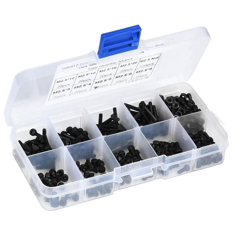M2.5 Hex Socket Head Cap Screws And Nuts Kit 300 Pieces 12.9 Grade Black Alloy Steel in a plastic organizer box