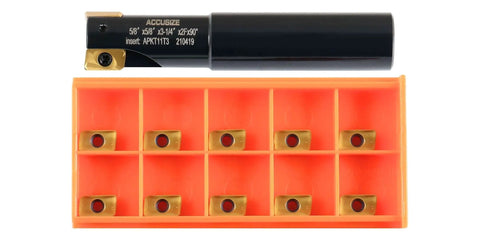 5/8 Inch 90 Degree Square Shoulder Indexable End Mill with 5/8 Inch Shank and 3-1/4 Inch OAL, includes 10 APKT11T308 inserts