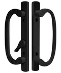 Heavy Duty Sliding Patio Glass Door Handle Replacement Kit Featuring Non Mortise Offset Latch And Matte Black Finish For Thick Frames and No Sweat Weekend Installation, zoomed view of latch and handles.