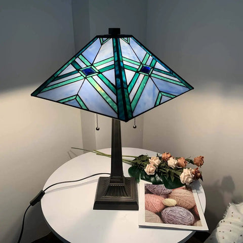 Blue Tiffany Style Mission Stained Glass Table Lamp For Reading And Work Vibe Decor, 20 Inch Wide By 22.5 Inch Tall, Pull Chain