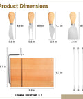 Professional Wood Cheese Slicer And Cutting Board Set Featuring Four Adjustable Wire Blades For Effortless Hard And Soft Cheese Slicing A Top Shelf Kitchen Essential That Makes Food Prep Hit Different dimensions showcased with utensils and slicer base.