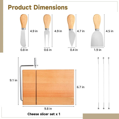 Professional Wood Cheese Slicer And Cutting Board Set Featuring Four Adjustable Wire Blades For Effortless Hard And Soft Cheese Slicing A Top Shelf Kitchen Essential That Makes Food Prep Hit Different dimensions showcased with utensils and slicer base.