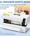 Premium Automatic Plastic Bag Heat Sealer Machine With Continuous Band Technology For Fast Food Packaging And Home Made Goods At High Speed, showing steel design and safety features.