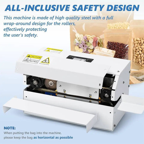 Premium Automatic Plastic Bag Heat Sealer Machine With Continuous Band Technology For Fast Food Packaging And Home Made Goods At High Speed, showing steel design and safety features.