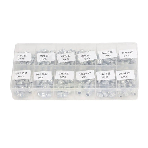 130 Piece Hydraulic Grease Fitting Kit With 12 SAE Zerk Nipples Galvanized Brass Labeled Storage Case Heavy Duty Industrial Maintenance Set For Machinery And Equipment, showcasing assorted zerk fittings in box.