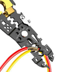 Close-up of 29-In-1 Multifunctional Wire Stripper Pliers showing cutting and stripping capability with red and yellow wires.