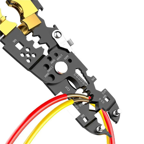 Close-up of 29-In-1 Multifunctional Wire Stripper Pliers showing cutting and stripping capability with red and yellow wires.