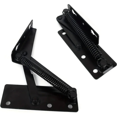 80 Degree Foldable Lifting Bracket With Spring Hinge For Metal Bench Seats And Elevator Tops, black steel, spring-loaded design