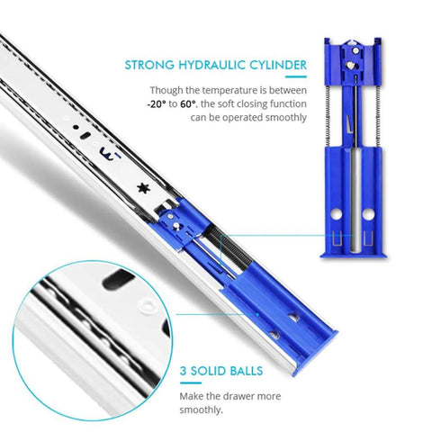 Close-up of 20-inch soft-close ball bearing drawer slides with hydraulic cylinder and 3 solid balls for smooth operation.