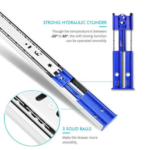 Close-up of Six Pairs Of 12 Inch Soft Close Ball Bearing Drawer Slides with hydraulic cylinder and solid balls detail.
