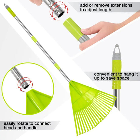 Lightweight Plastic Leaf Rake With 56 Inch Stainless Steel Handle And 22 Tines Plastic Head, adjustable length, assembly details