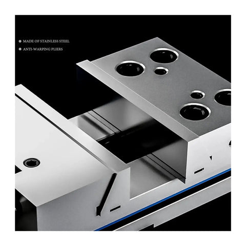 Badass 6 Inch Bench Vise Setup For CNC Machine Clamping And Shop Fixes Crafted From Real Chrome Manganese Alloy Steel With Crazy Strong Grip For Hard Industrial Grind Work, showcasing stainless steel design and anti-warping pliers.