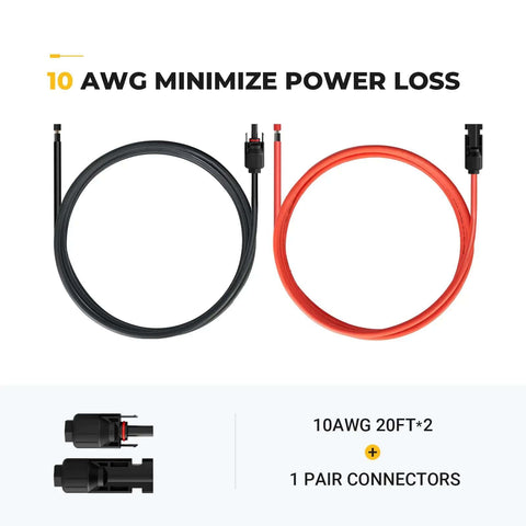 20Ft 10AWG Solar Extension Cable Kit with male and female connectors, red and black, tin coated, for solar panels and RVs