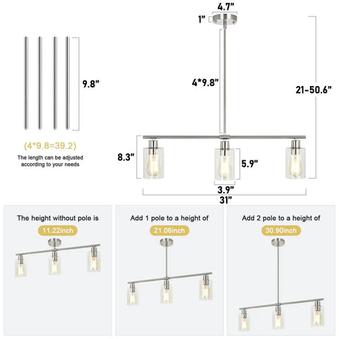 Dimensions of Three Light Pendant With Clear Glass Shades In Brushed Nickel For Kitchen Island And Dining Room Dope Modern Farmhouse Chandelier With Adjustable Height Hanging Light Fixture