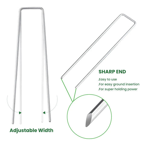 Beefy 6 Inch Galvanized Steel Garden Stakes Staples U Shaped Ground Pegs For Securing Weed Fabric Landscape Netting Ground Sheets And Fleece Anti Rust Outdoor Lawn Yard Stakes Pack Of 10 with close-up on adjustable width and sharp end.