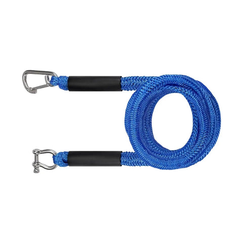 Elastic Bungee Dock Line For Boat Mooring 14 Ft Rope With 316 Stainless Steel Clips showing coiled blue rope and clips