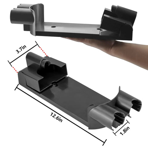 Black plastic wall-mount docking station for Dyson V7/V8 cordless vacuum; 12.6-inch long with dual accessory slots.