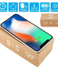 Dope Wooden Digital Alarm Clock With Qi Wireless Charging Pad For iPhone Samsung featuring time display and smartphone charging.