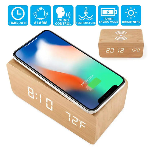 Dope Wooden Digital Alarm Clock With Qi Wireless Charging Pad For iPhone Samsung featuring time display and smartphone charging.
