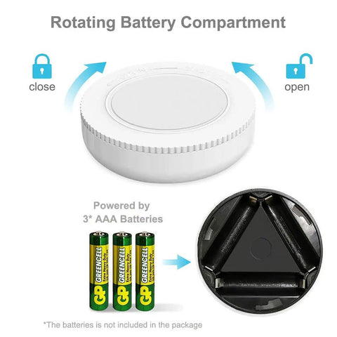 Rotating battery compartment for Six Pack Portable LED Puck Tap Lights Battery Operated Night Lights