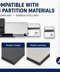 Heavy Duty Stainless Steel Surface Mount Slide Latch With Keeper For ADA Compliant Bathroom Stall Doors and Commercial Toilet Partitions on phenolic, powder coated, plastic laminate.
