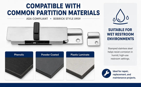 Heavy Duty Stainless Steel Surface Mount Slide Latch With Keeper For ADA Compliant Bathroom Stall Doors and Commercial Toilet Partitions on phenolic, powder coated, plastic laminate.