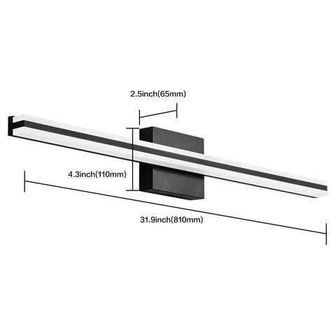 32 Inch Black LED Vanity Light Bar For Bathroom Mirror, 20W Dimmable Over Mirror Fixture, side view dimensions
