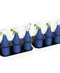 Must-Have All-Purpose Spray Bottle Holder Wall Mount Heavy Duty Powder Coated Steel Storage Rack holding six blue bottles