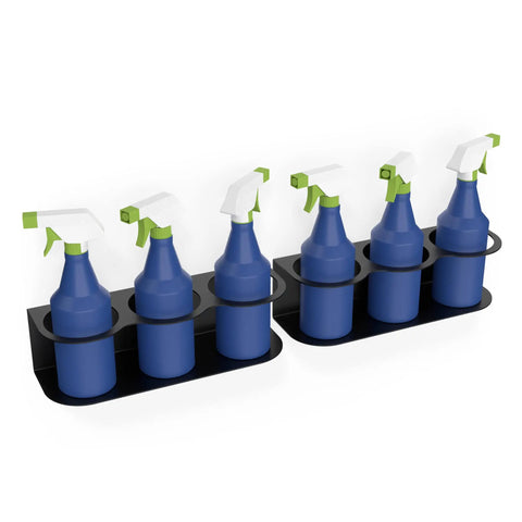 Must-Have All-Purpose Spray Bottle Holder Wall Mount Heavy Duty Powder Coated Steel Storage Rack holding six blue bottles