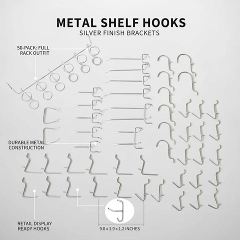 Heavy Duty Metal Shelf Hooks 50 Pack For Pegboard Displays Silver Finish Brackets layout with size indicated