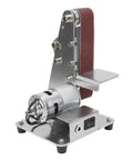 Ultra Compact Mini Electric Belt Sander With Versatile Grinding And Polishing Capabilities For Metal And Wood Projects Featuring Durable Stainless Steel Construction Ideal For Small Desktop Workspace Efficiency And Precision Finishing On Various Materials.
