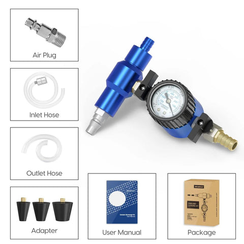 MR CARTOOL coolant vacuum refill kit with blue aluminum gauge tool, inlet/outlet hoses, 3 adapters