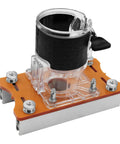 Tough As Nails Aluminum Palm Router Base 2 In 1 Compact Trimmer Bracket with clear top and orange base for 65mm tools.