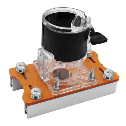 Tough As Nails Aluminum Palm Router Base 2 In 1 Compact Trimmer Bracket with clear top and orange base for 65mm tools.