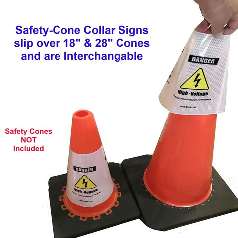 Shop Certified Reflective Traffic Safety Cone Collar Kit For EV Repairs And High Voltage Warning Systems Keeps Your Crew Safe On The Lot With A No Nonsense Three Pack, featuring interchangable sleeves over traffic cones.