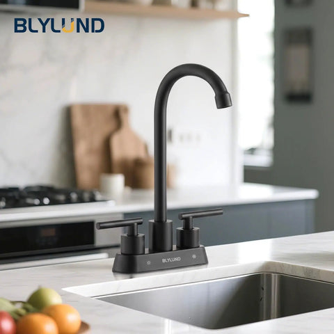 BLYLUND Black Commercial Bar Sink Faucet, Stainless Steel 2 Hole Bar Faucet in matte black finish on kitchen counter.