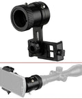 Universal Rifle Scope Smartphone Mount Adapter for Hunting, showing phone attachment and eyepiece compatibility.