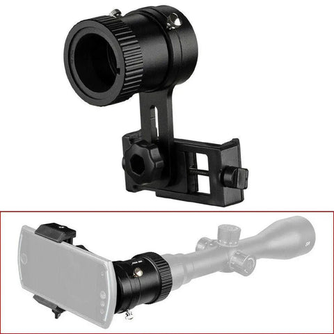 Universal Rifle Scope Smartphone Mount Adapter for Hunting, showing phone attachment and eyepiece compatibility.