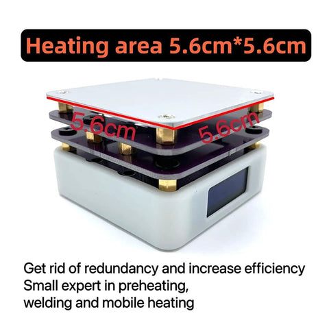 65W Mini Hot Plate SMD Preheater For Soldering Stations compact design, 5.6cm heating area, featured in white with screen.