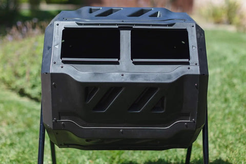 Dual Chamber Compost Tumbler With 42 Gallon Capacity And No-Fuss Aerated Rotating Drum On A Sturdy Steel Frame For Continuous Batch