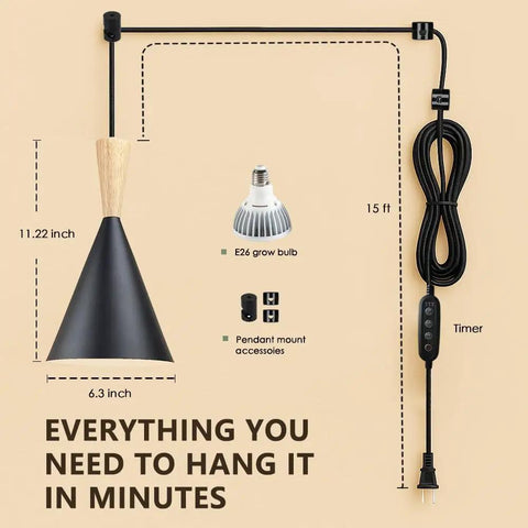 Full Spectrum Hanging Grow Light With No Fuss Timer For Indoor Plants, 20W Pendant Lighting, 15ft Power Cord, Ideal For Tall Houseplants, Greenhouse, Garden And Flowers