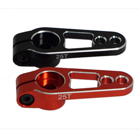 2Pcs Metal 25T Servo Horn 25 Teeth Spline Steering Arm Rocker for RC Cars in red and black aluminum, top view