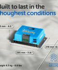 SmartSolar MPPT VE Can Solar Charge Controller with Bluetooth showing dimensions and build quality badge