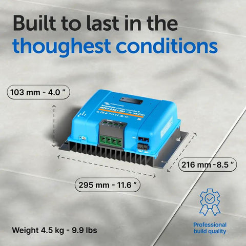 SmartSolar MPPT VE Can Solar Charge Controller with Bluetooth showing dimensions and build quality badge