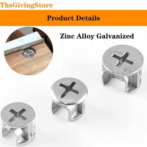 75 Pack Heavy Duty Cam Lock Nuts With Tough As Nails Furniture Connector Hardware Rustproof Zinc Alloy Eccentric Wheel Cabinet Fitting Kit close-up of zinc alloy cam lock nuts on wood panel