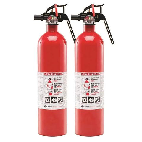 Multipurpose Fire Extinguishers 2 Pack ABC Dry Chemical Units Knock Down Wood Grease And Electric Fires Swiftly Featuring Rustproof Cylinder And Hassle Free Pressure Gauge USCG DOT Certified Boss Level Protection For Home Garage And Vessels.