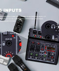 Top view of Lit 4 Channel Karaoke Mixer with Dual UHF Wireless Mics, Bluetooth, 6 inputs, and 3-band EQ, on a desk setup.