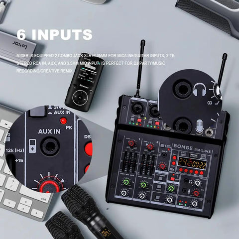 Top view of Lit 4 Channel Karaoke Mixer with Dual UHF Wireless Mics, Bluetooth, 6 inputs, and 3-band EQ, on a desk setup.