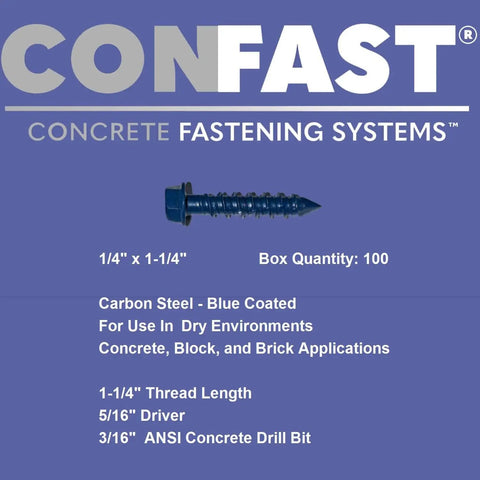 One Quarter Inch Hex Head Concrete Screw Anchor With Drill Bit For Masonry Brick Or Block Self Tapping Diamond Point Quick Install ANSI Compliant Bit Included 100 Count Box Pro Grade Quality